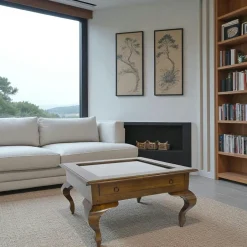 Maori Tables Basses Carrées|Tables Basses À Tiroirs|Table basse vitrée Hévéa 1 tiroir, pieds galbés 80x80x46cm