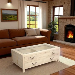 Maori Tables Basses À Tiroirs|Table basse vitrée Hévéa 3 tiroirs 120x65x40cm