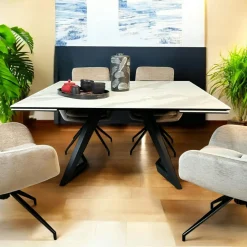 LOMBARDIE Tables À Manger En Céramique|Tables À Manger Extensibles|Table carrée extensible en céramique marbrée blanche 140-200 cm