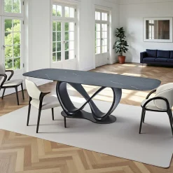 Tables À Manger En Céramique|Tables À Manger En Bois|Table céramique marbrée pied ruban bois noir 220 cm ALDER