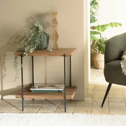 CRACOVIE Sellettes En Métal|Bouts De Canapé Industriels|Table d'appoint double plateau pin recyclé