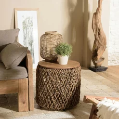 Swing Bouts De Canapé En Bois|Table d'appoint ronde 38 cm fibre de coco et bois recyclé