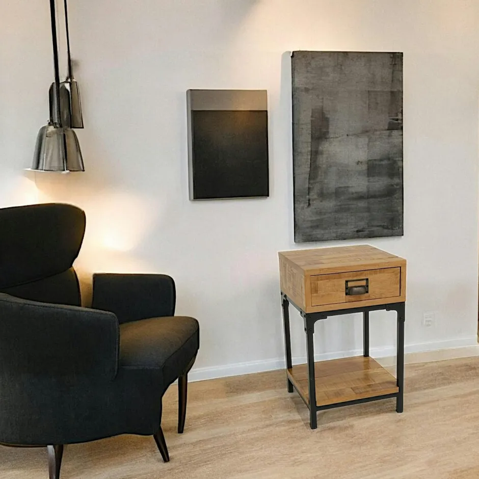 Loft / Loft Colors Tables De Chevet Industrielles|Table de Chevet / Bout de Canapé 1 tiroir, 1 plateau bas en Hévéa recyclé naturel et métal 35x35x55cm LOFT