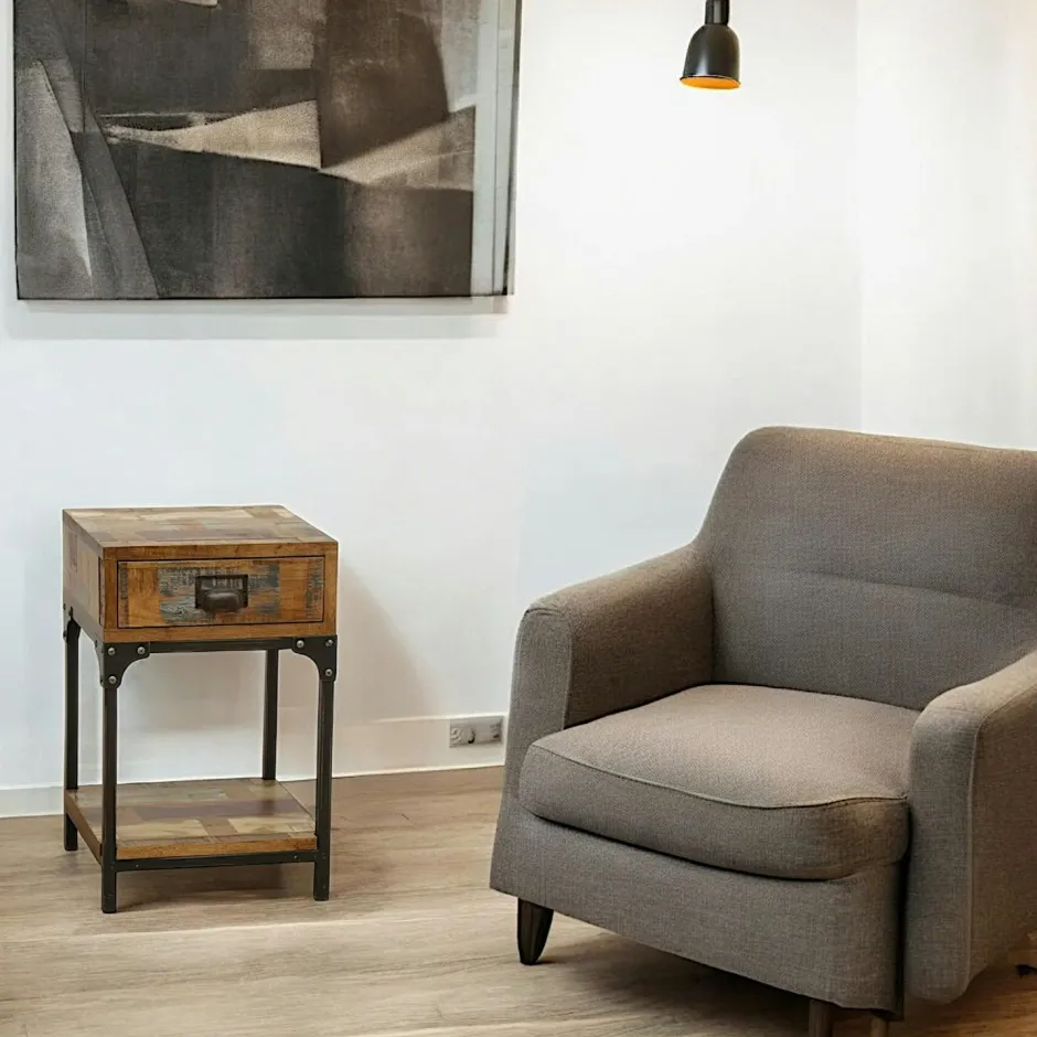 Loft / Loft Colors Tables De Chevet Industrielles|Table de Chevet / Bout de Canapé 1 tiroir, 1 plateau bas en Hévéa recyclé coloré et métal 35x35x55cm LOFT COLORS