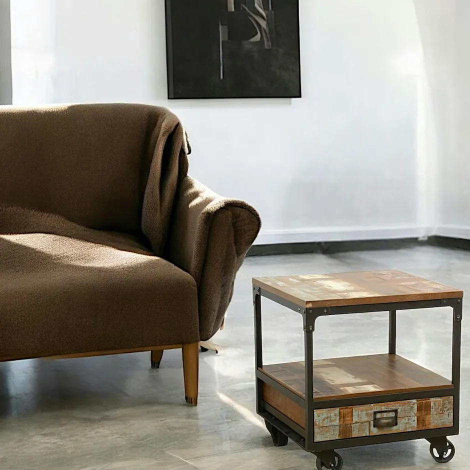 Loft / Loft Colors Tables De Chevet Industrielles|Table de Chevet / Bout de Canapé 1 tiroir, 1 plateau bas en Hévéa recyclé coloré et métal 35x35x55cm LOFT COLORS