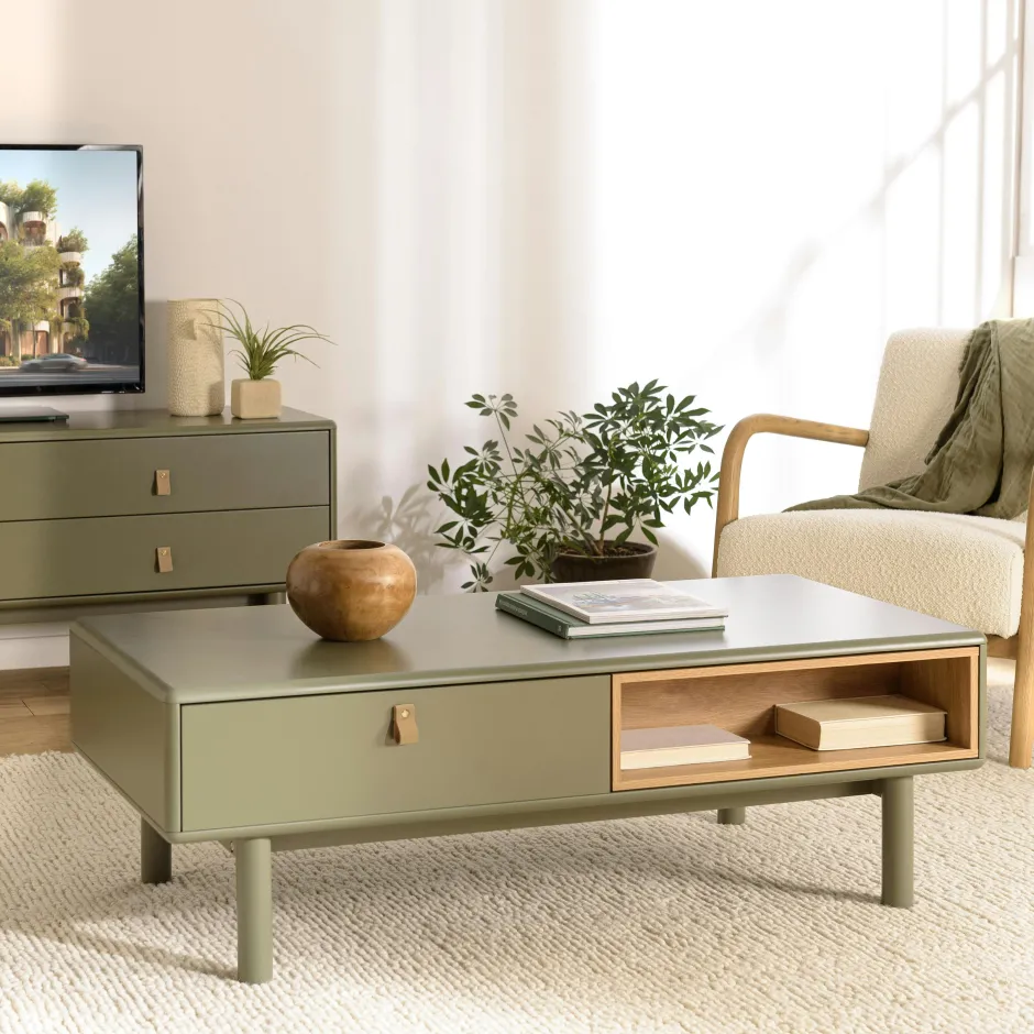 GUILIN Tables Basses À Tiroirs|Table de salon 2 tiroirs bois vert nature