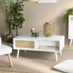 CALVIA Tables Basses Scandinaves|Tables Basses À Tiroirs|Table de salon bois blanc 2 niches 2 tiroirs rotin