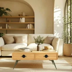 BAGAN Tables Basses À Tiroirs|Table de salon bois clair et pieds métal vert