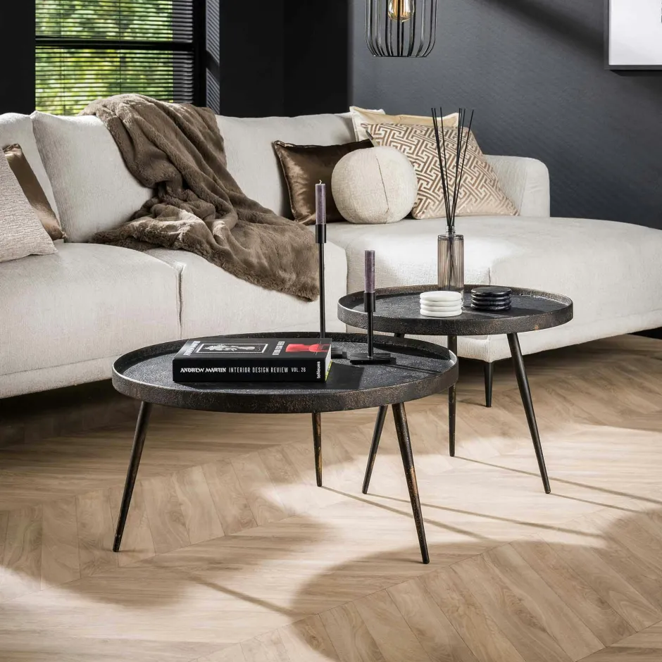 RALF Sellettes En Métal|Tables D'Appoint Rondes|Table de salon ronde effet métal vieilli (2 pièces)