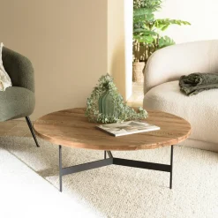 CRACOVIE Tables Basses Rondes|Tables Basses Industrielles|Table de salon ronde pin recyclé et métal 90 cm