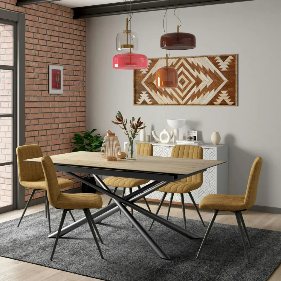 LOMBARDIE Tables À Manger Rectangulaires|Tables À Manger En Céramique|Table en céramique extensible aspect bois pied mikado 180-240 cm