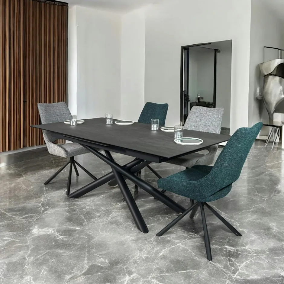 LOMBARDIE Tables À Manger Rectangulaires|Tables À Manger En Céramique|Table en céramique grise avec pied mikado 180-240 cm