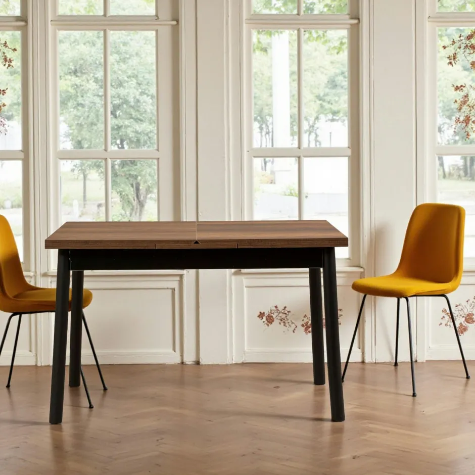 ARDEN Tables À Manger Rectangulaires|Tables À Manger En Bois|Table extensible noire plateau effet bois 120-153 cm