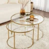 TULUM Sellettes En Métal|Tables D'Appoint Rondes|Table gigogne en verre - cadre doré (lot de 2) ⌀80 cm