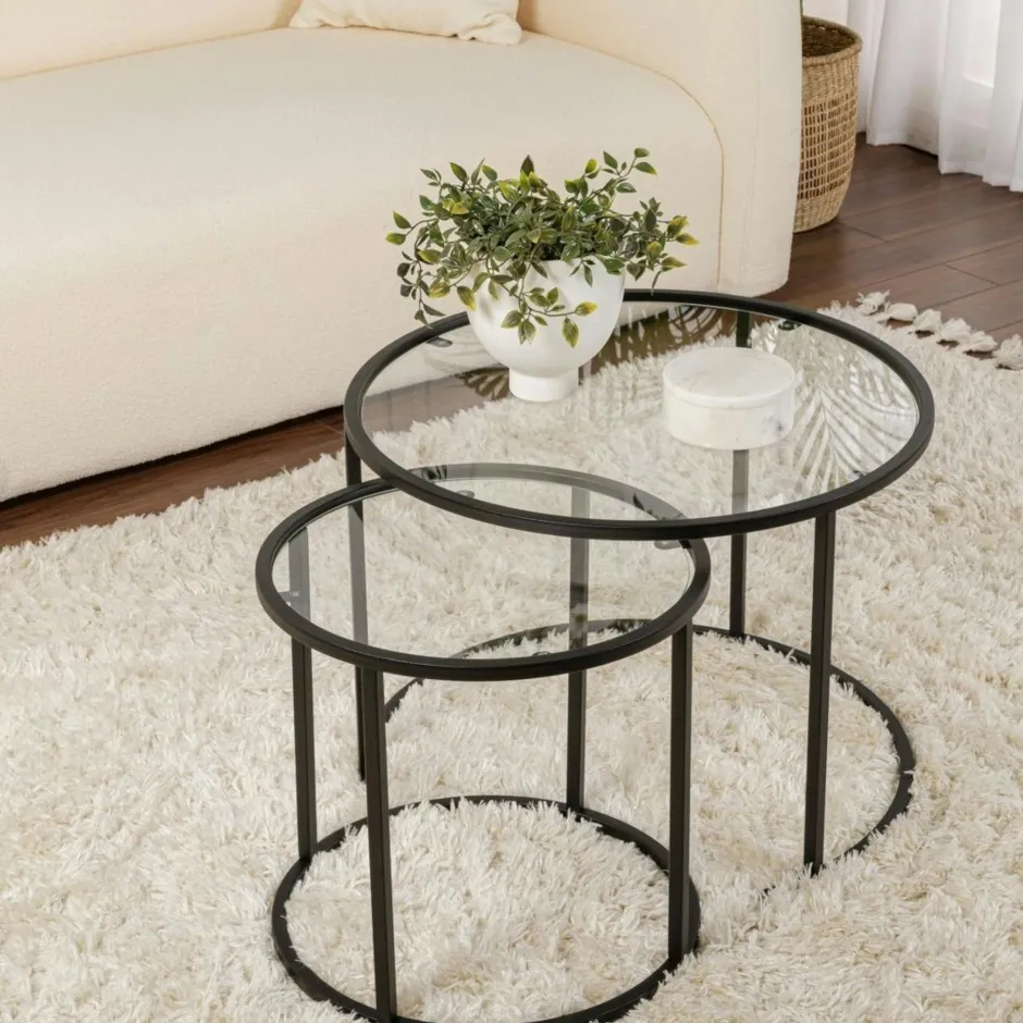 TULUM Sellettes En Métal|Tables D'Appoint Rondes|Table gigogne en verre - cadre noir (lot de 2) ⌀60 cm