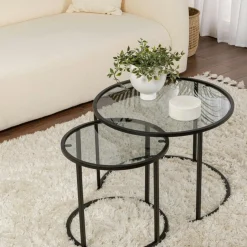 TULUM Sellettes En Métal|Tables D'Appoint Rondes|Table gigogne en verre - cadre noir (lot de 2) ⌀60 cm