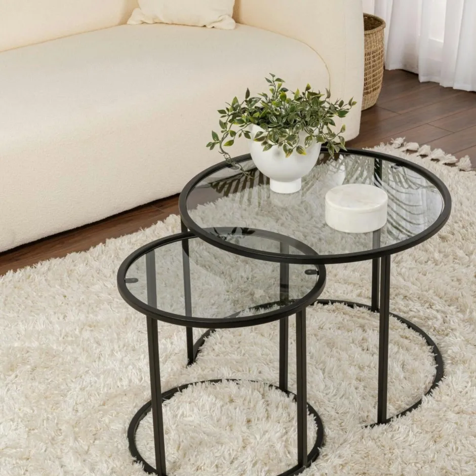 TULUM Sellettes En Métal|Tables D'Appoint Rondes|Table gigogne en verre - cadre noir (lot de 2) ⌀60 cm