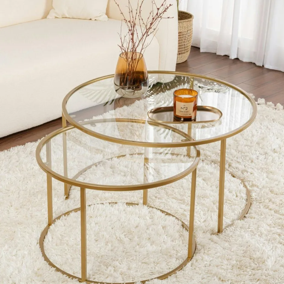 TULUM Sellettes En Métal|Tables D'Appoint Rondes|Table gigogne en verre - cadre noir (lot de 2) ⌀60 cm