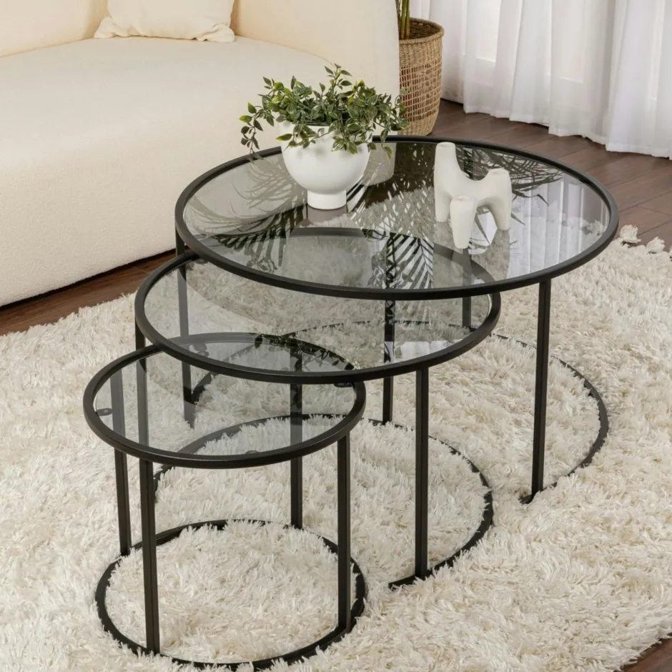 TULUM Sellettes En Métal|Tables D'Appoint Rondes|Table gigogne en verre - cadre noir (lot de 2) ⌀60 cm