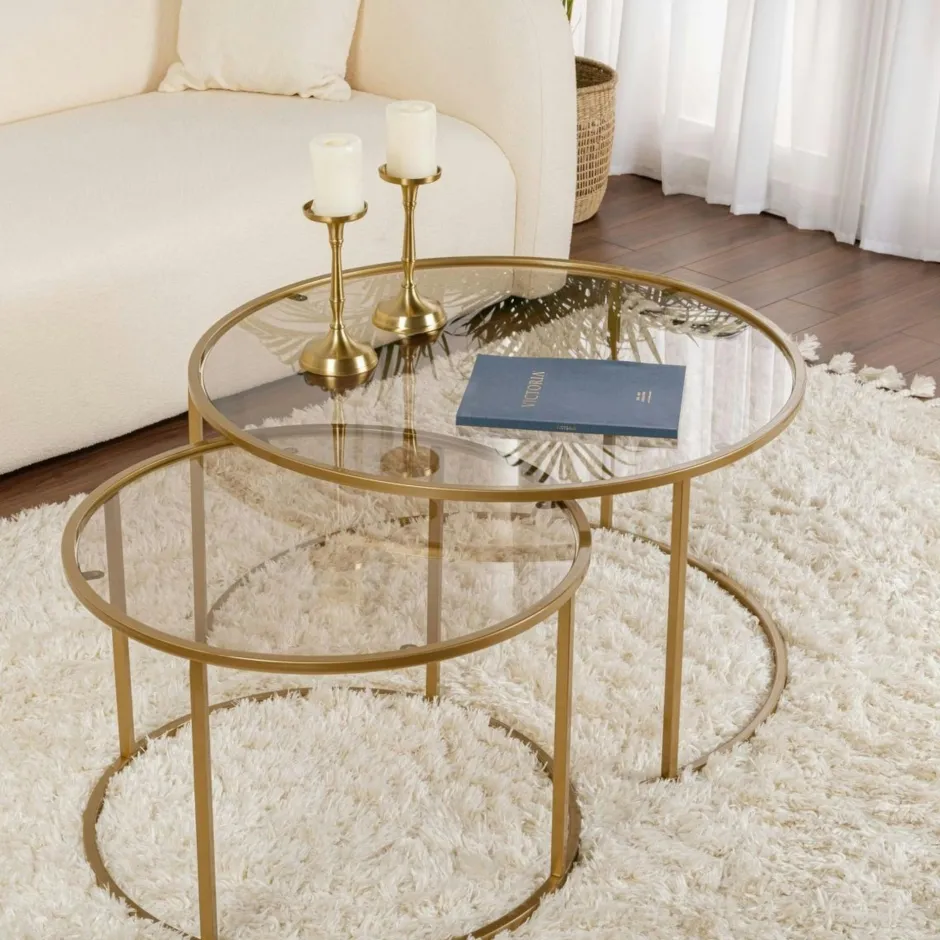 TULUM Sellettes En Métal|Tables D'Appoint Rondes|Table gigogne en verre - cadre noir (lot de 2) ⌀60 cm