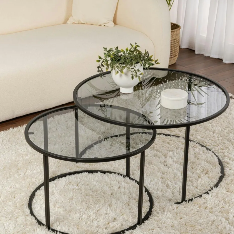 TULUM Sellettes En Métal|Tables D'Appoint Rondes|Table gigogne en verre - cadre noir (lot de 2) ⌀60 cm