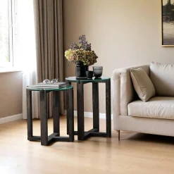 ANZIO Sellettes En Métal|Tables D'Appoint Rondes|Table gigogne ronde - verre et bois gris (lot de 2)