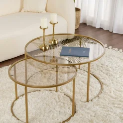 TULUM Sellettes En Métal|Tables D'Appoint Rondes|Table gigogne verre ambré - cadre doré (lot de 2) ⌀80 cm