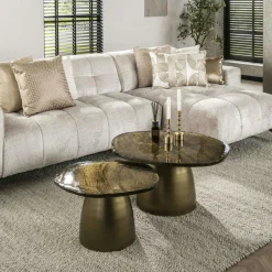 TULUM Sellettes En Métal|Tables D'Appoint Rondes|Table gigogne verre ambré - cadre doré (lot de 2) ⌀80 cm