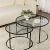TULUM Sellettes En Métal|Tables D'Appoint Rondes|Table gigogne verre fumé - cadre noir (lot de 2) ⌀80 cm