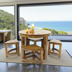 Maori Tables À Manger Rondes|Tables À Manger En Bois|Table repas ronde D100cm hévéa + 4 tabourets