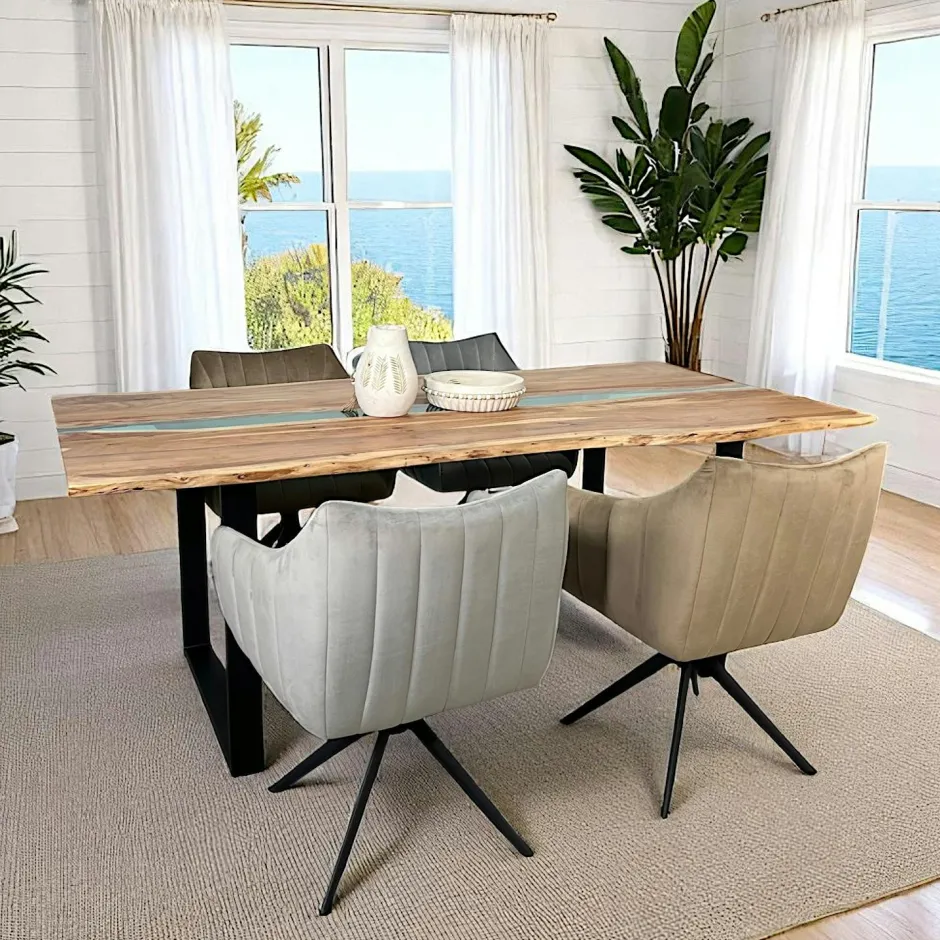 BORA Tables À Manger Rectangulaires|Tables À Manger En Bois|Table rivière epoxy lagon et bois d'acacia 200 cm