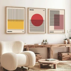 Tableaux / Toiles|Tableau abstrait – style Bauhaus, cadre bois (lot de 3)