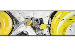 Tableaux / Toiles|Tableau abstrait jaune et gris formes métalliques cadre argent