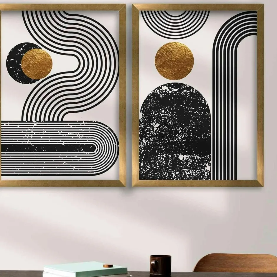 Tableaux / Toiles|Tableau abstrait noir et brun – thème soleil (lot de 3)