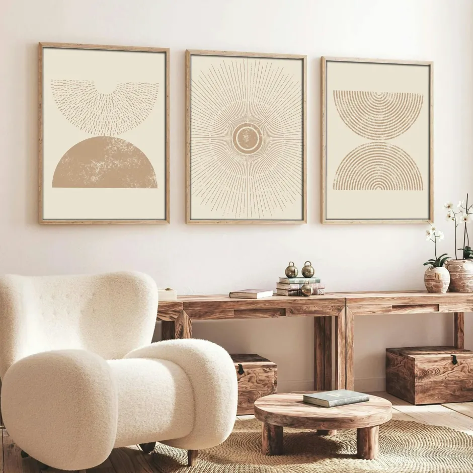 Tableaux / Toiles|Tableau abstrait noir et brun – thème soleil (lot de 3)