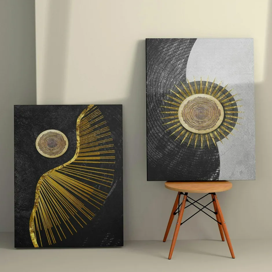 Tableaux / Toiles|Tableau abstrait soleil or – fond noir et argent (set de 2)