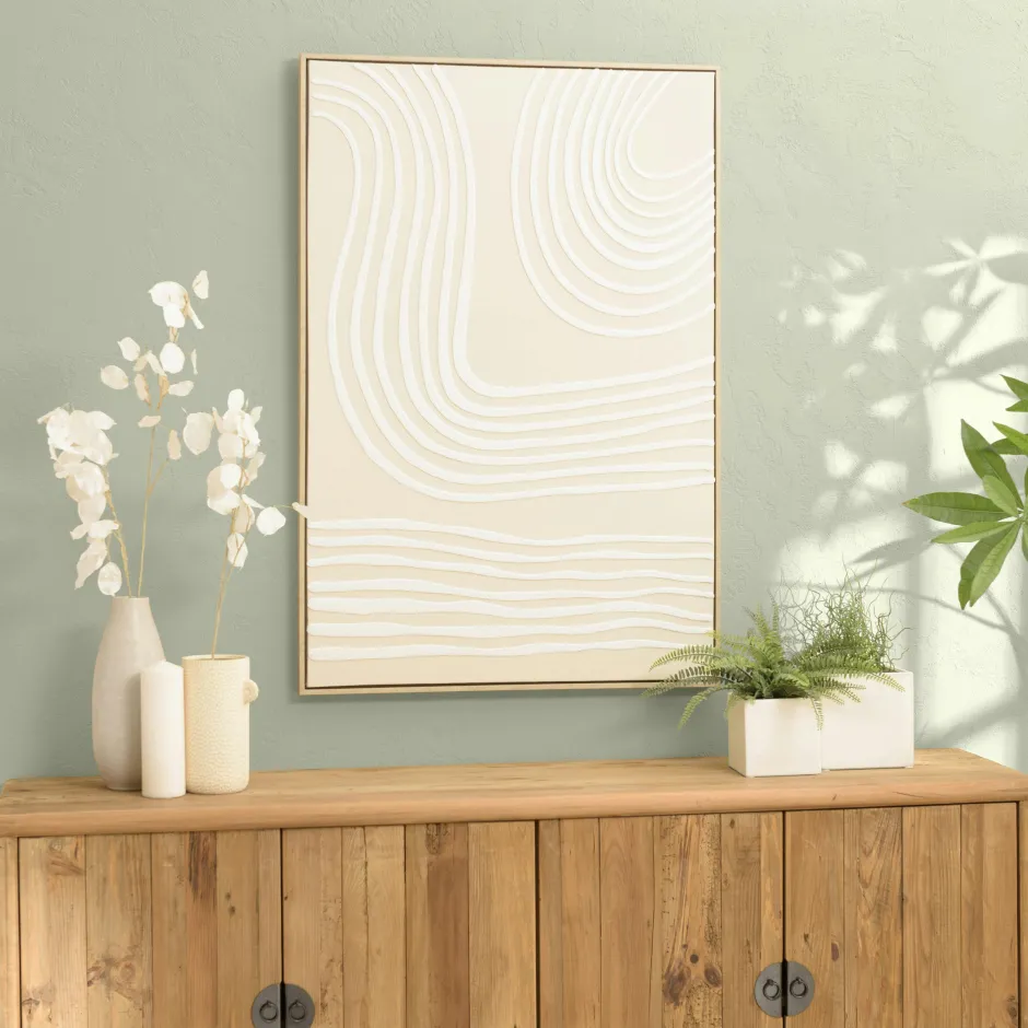 Tableaux / Toiles|Tableau blanc lignes abstraites peinture au sable 83 x 123 cm