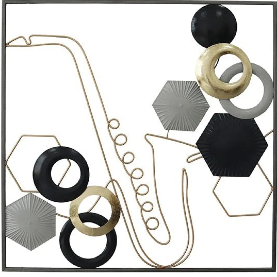 Décorations Murales|Tableau en métal saxophone tons noir, gris et or