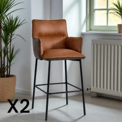 KERALA Chaises De Bar Industrielles|Tabouret bar bi-matière marron avec dossier (lot de 2)