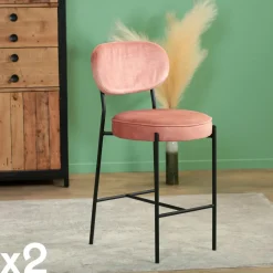 FLORENCE Tabourets De Bar En Velours|Tabouret de bar design en velours rose pâle (lot 2)