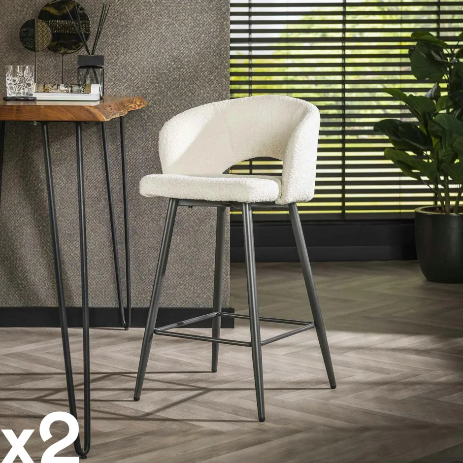 GALWAY Univers Déco·Design Contemporain|Chaises Bouclettes|Tabouret de bar en tissu bouclette blanc avec dossier ouvert (lot de 2)