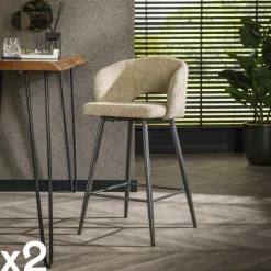 GALWAY Univers Déco·Design Contemporain|Chaises Bouclettes|Tabouret de bar en tissu bouclette gris avec dossier ouvert (lot de 2)