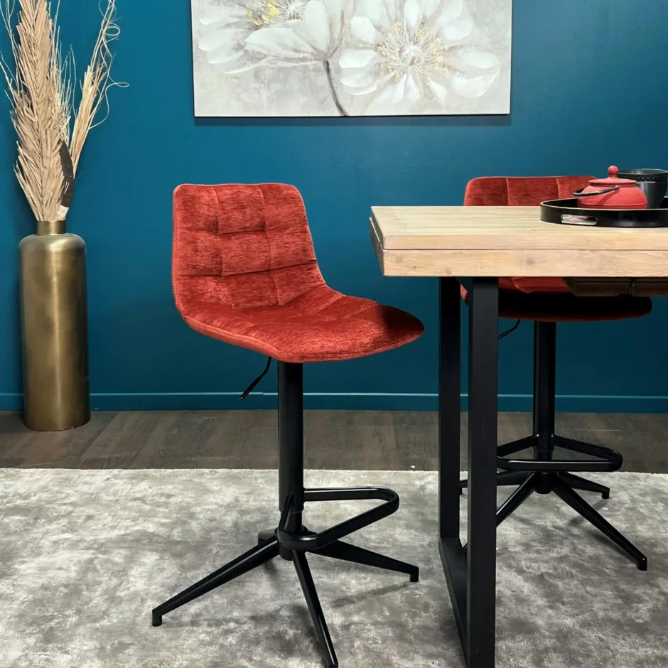 PALERME Tabourets De Bar En Velours|Tabouret de bar pivotant motif damier, velours rouge (lot de 2)