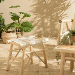 MANAK Meubles De Salle À Manger·Tabourets|Tabouret pliant rondins de teck naturel et tissu blanc