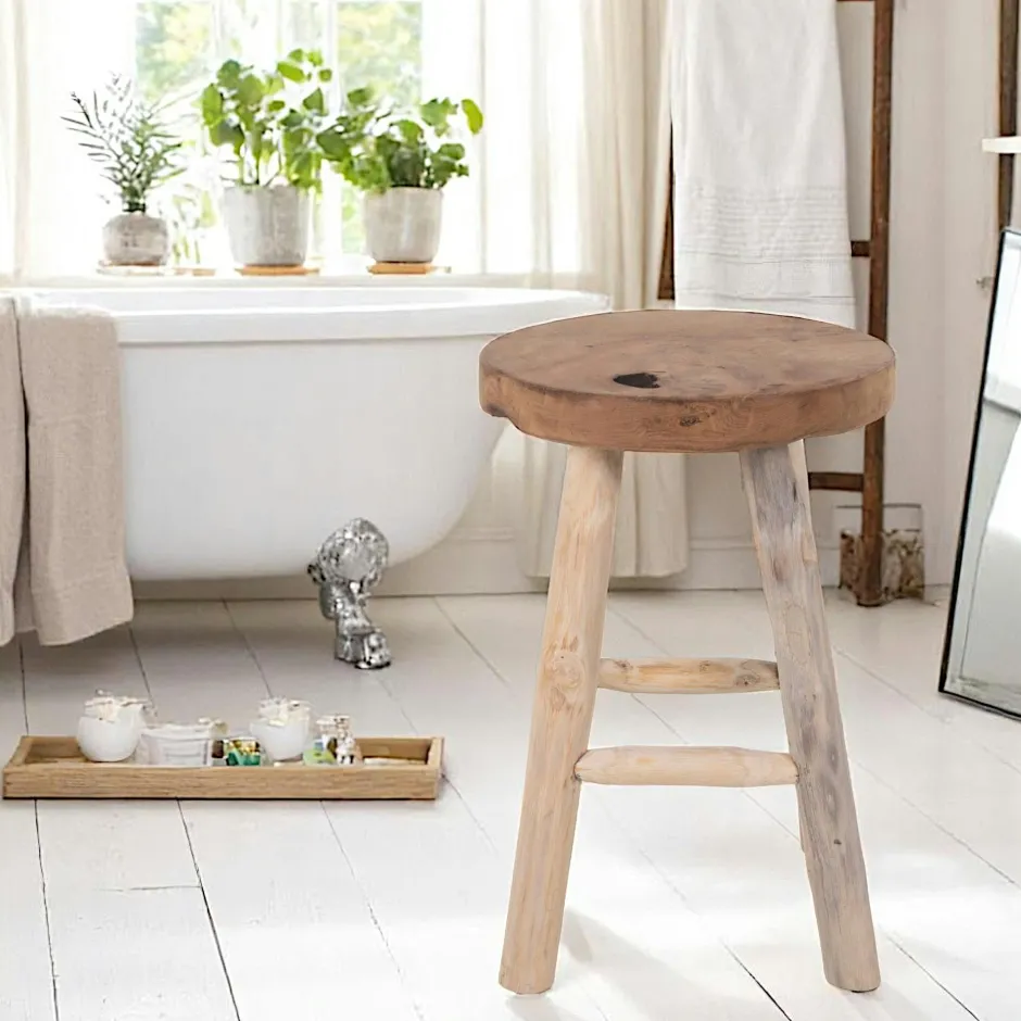 Arizona Meubles De Salle À Manger·Tabourets|Tabouret rond en bois de teck avec 4 pieds - style campagne