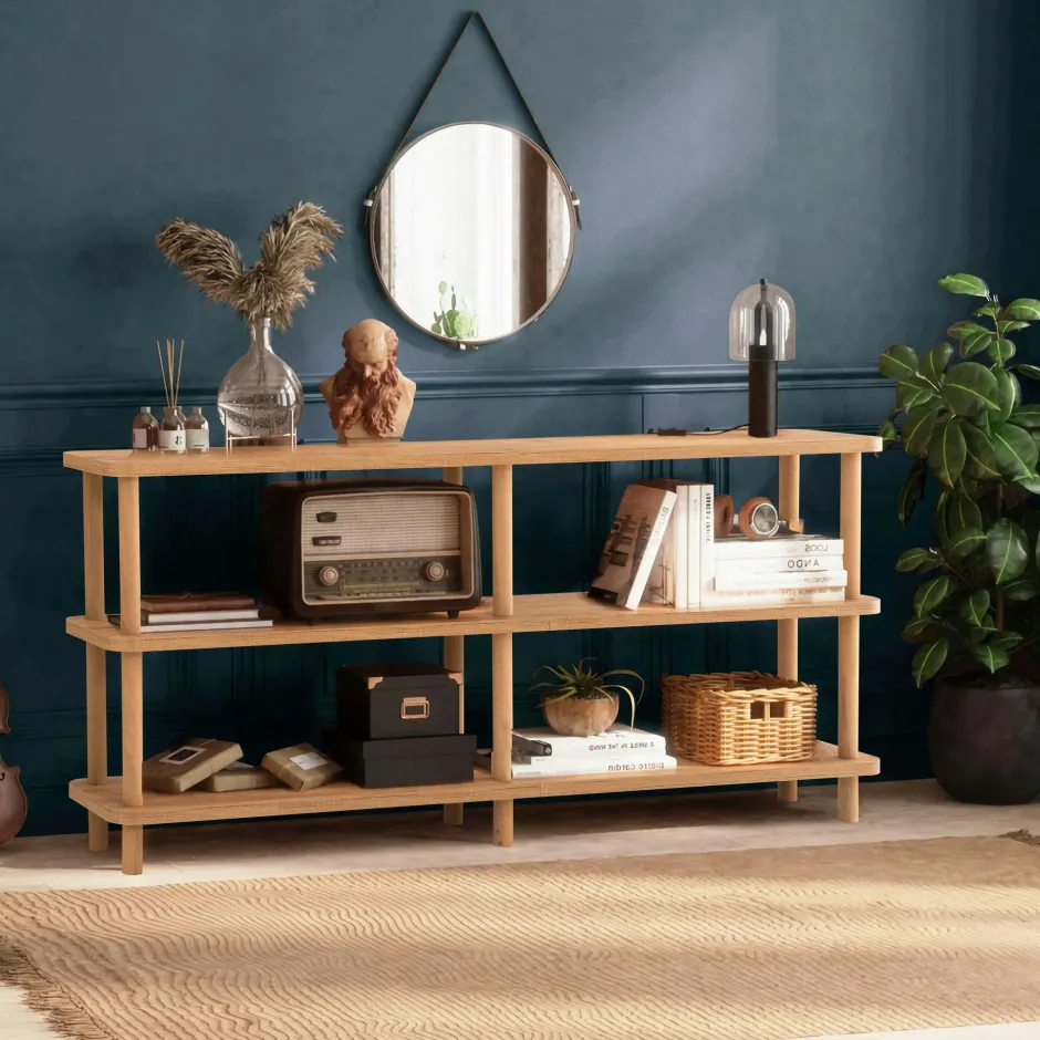 MARFA Consoles En Bois|Consoles En Bois|Étagère console effet bois clair 150 cm - 3 niveaux