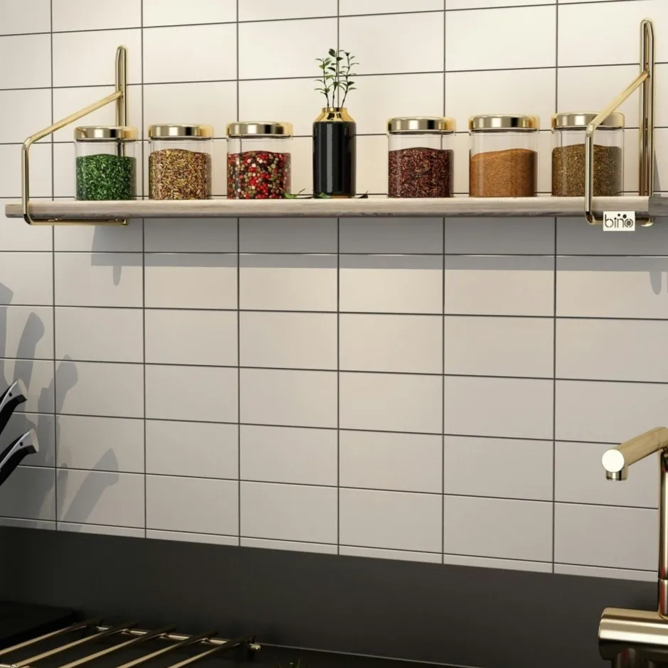 AVIALA Meubles De Salon·Etagères Murales|Meubles De Rangement·Etagères Murales|Étagère murale cuisine - bois clair, supports dorés