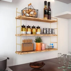 AVIALA Meubles De Salon·Etagères Murales|Meubles De Rangement·Etagères Murales|Étagère murale cuisine - bois clair, supports dorés