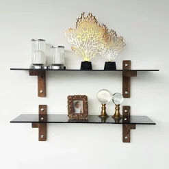 LHASA Meubles De Salon·Etagères Murales|Meubles De Rangement·Etagères Murales|Étagère murale en verre - supports bois foncé (lot de 2)