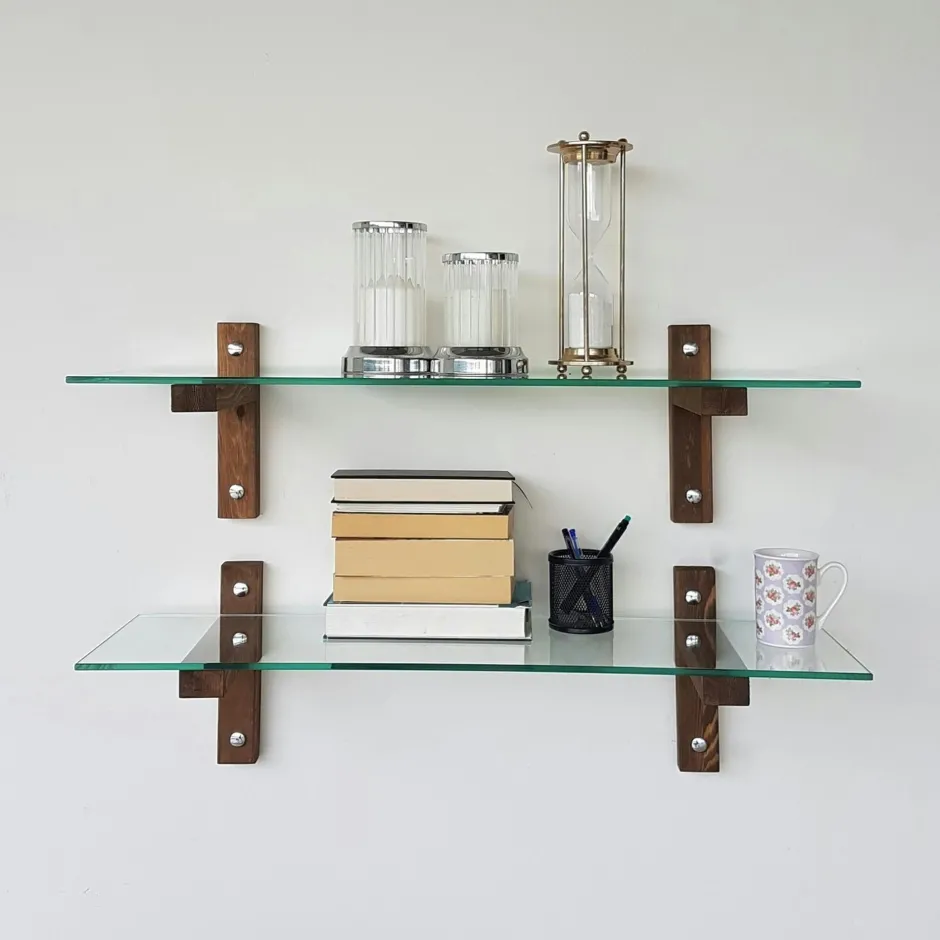 LHASA Meubles De Salon·Etagères Murales|Meubles De Rangement·Etagères Murales|Étagère murale en verre fumé - supports bois foncé (lot de 2)